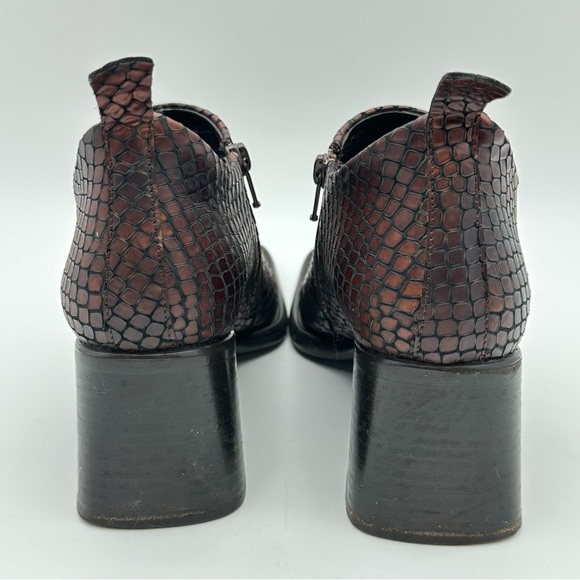 VS Dark Brown Leather Snakeskin Print Square Toe Block Heel Booties - Picture 3 of 10